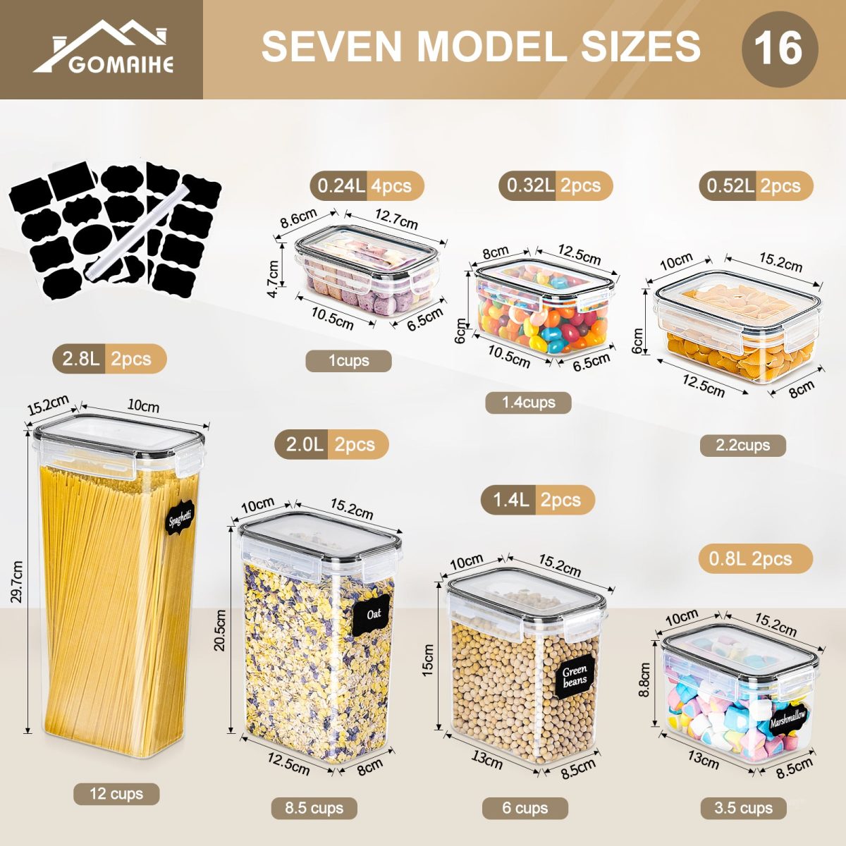 GoMaihe Storage Containers 16 Set, Kitchen Storage Box Airtight Plastic Containers with Lids, Storage Jars for Storing Pasta, Cereal, Rice, Flour, and Pet Food - Image 2