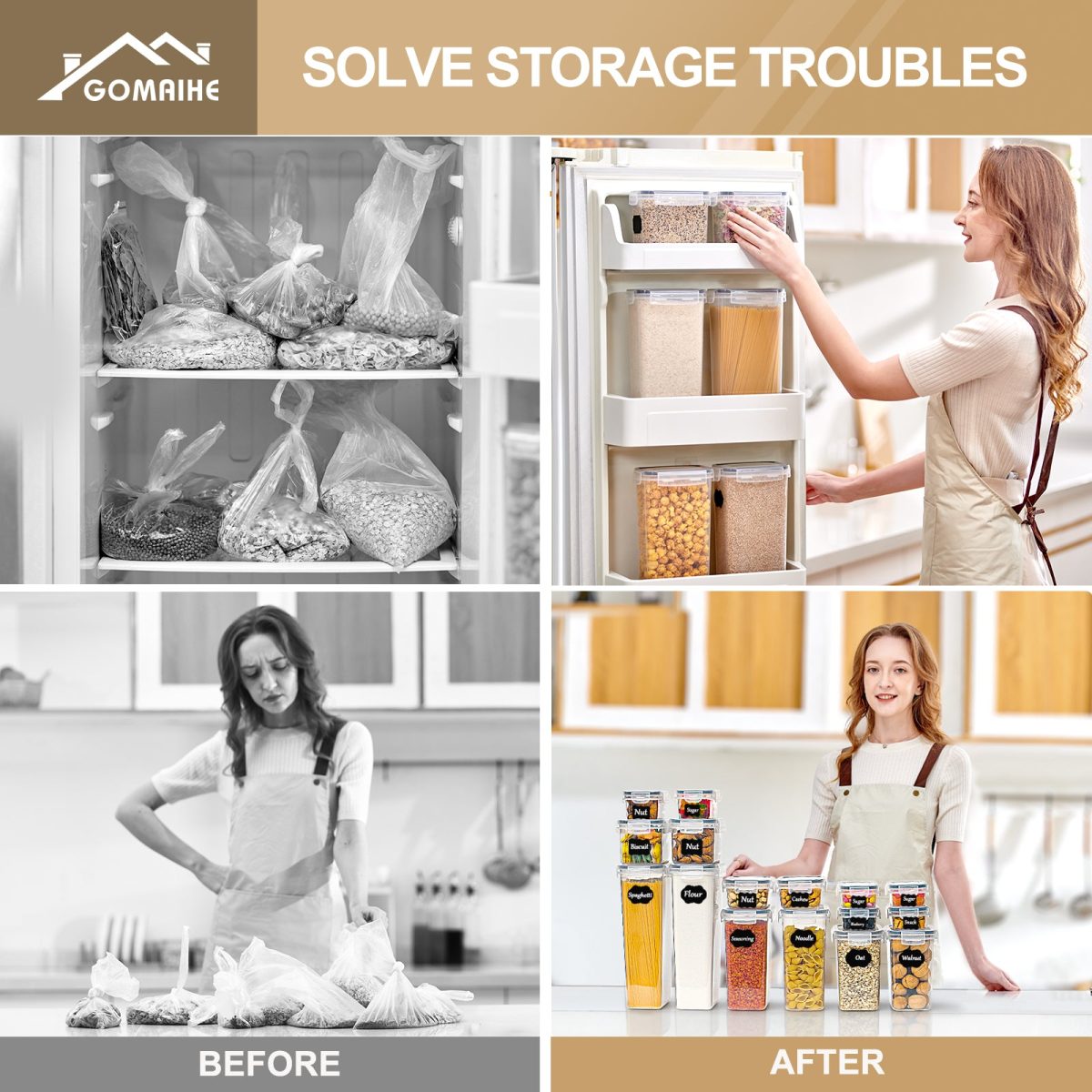 GoMaihe Storage Containers 16 Set, Kitchen Storage Box Airtight Plastic Containers with Lids, Storage Jars for Storing Pasta, Cereal, Rice, Flour, and Pet Food - Image 4
