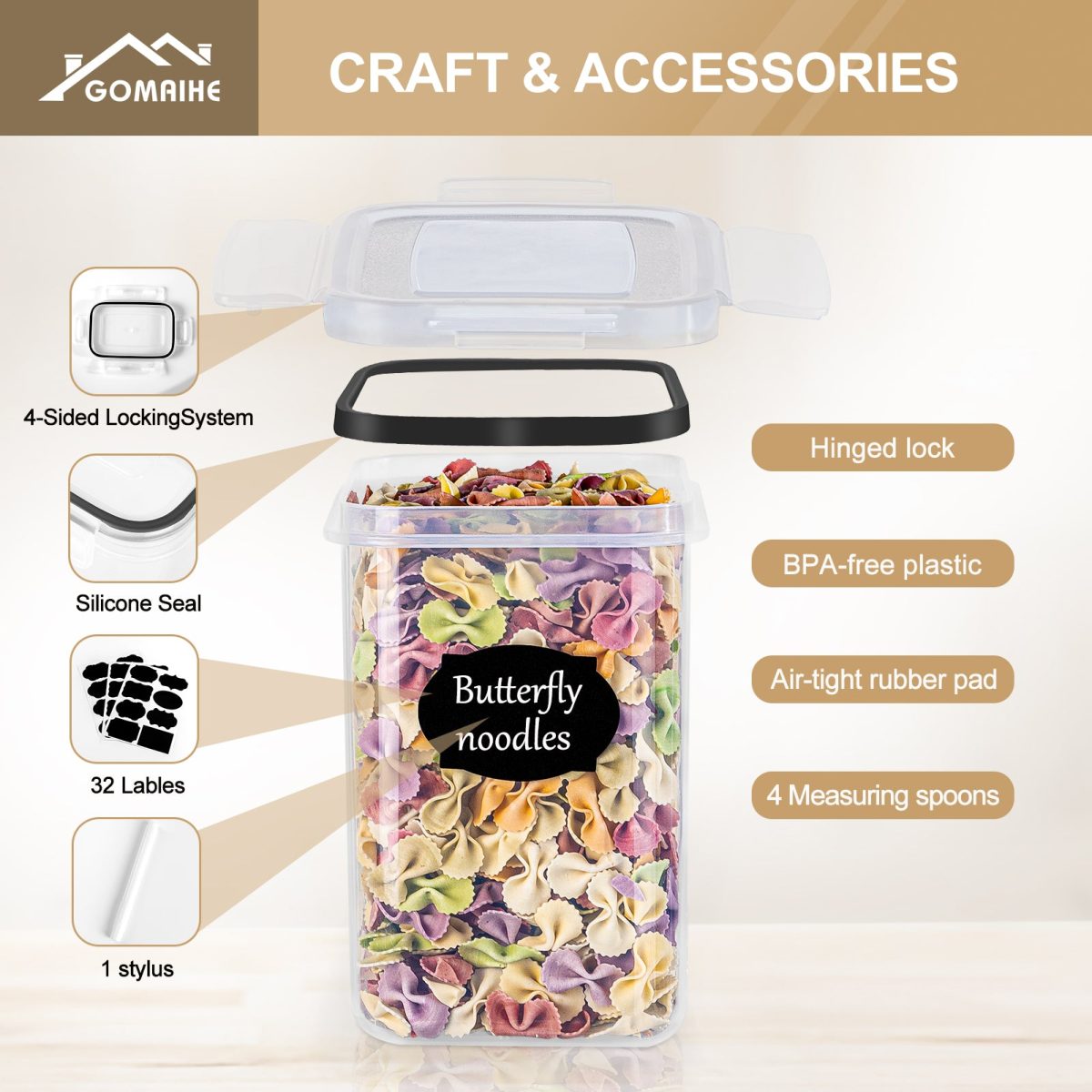 GoMaihe Storage Containers 16 Set, Kitchen Storage Box Airtight Plastic Containers with Lids, Storage Jars for Storing Pasta, Cereal, Rice, Flour, and Pet Food - Image 5